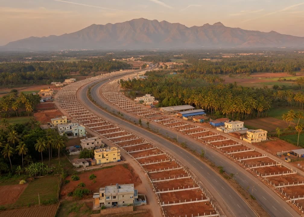 A Coimbatore growth corridor with the Western Ghats behind — illustrative